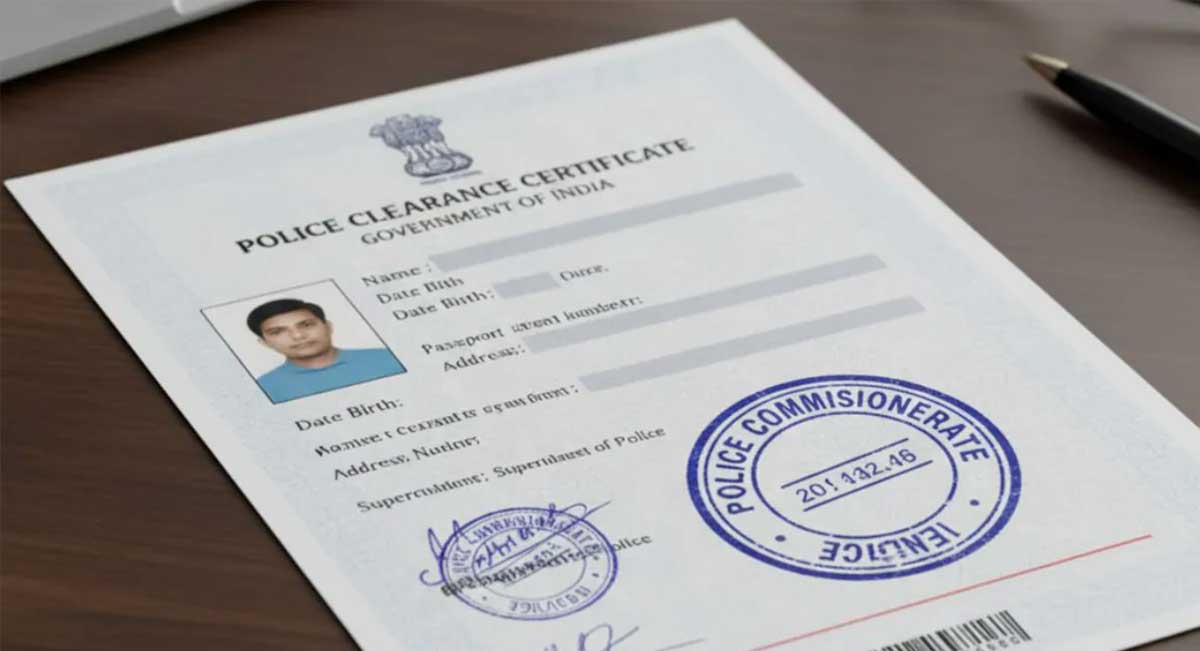 Police Clearance Certificate document being reviewed — the Good Conduct Certificate required for UAE employment visa applications from 45 nationalities from June 2026